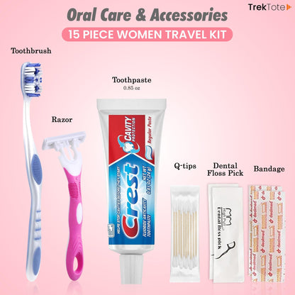 Trektote Travel Toiletry Kit For Women – 15 Piece Set of Travel Size Toiletries, TSA Compliant, Travel Essentials, Includes Shampoo And Conditioner, Body Wash, Toiletry Bag & More