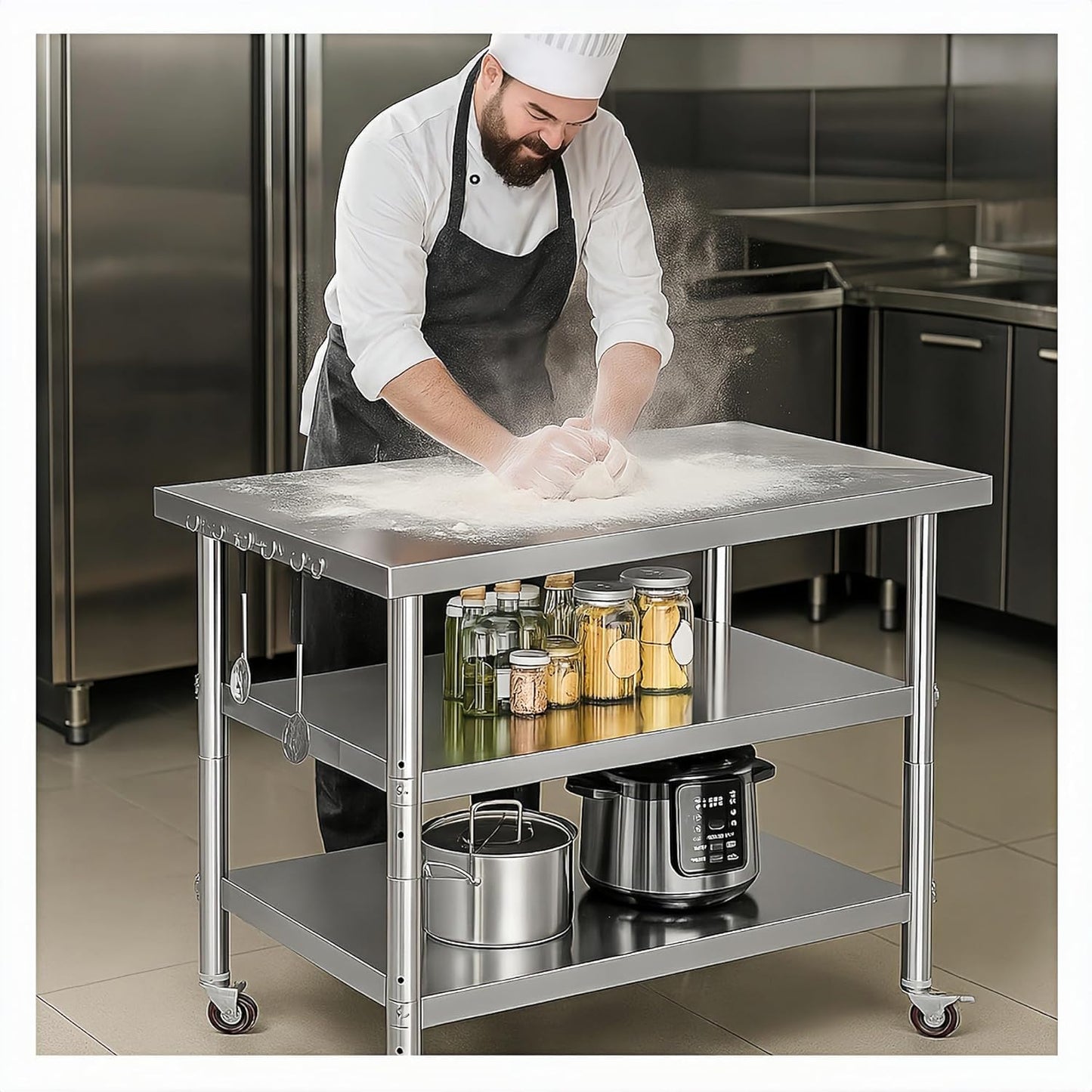 Stainless Steel Table with Wheels for Food Preparation and Work, Multi-Size Optional, Three-Layer Variable Two-Layer Metal Commercial Workbench Outdoor, Restaurant, Kitchen(36" Lx24 Wx35 H)