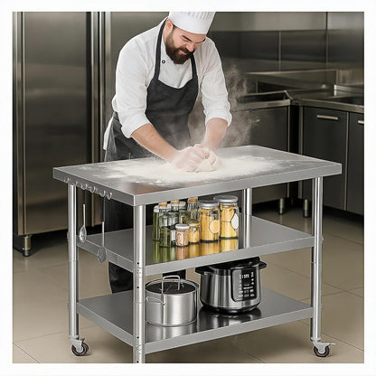 Stainless Steel Table with Wheels for Food Preparation and Work, Multi-Size Optional, Three-Layer Variable Two-Layer Metal Commercial Workbench Outdoor, Restaurant, Kitchen(36" Lx24 Wx35 H)