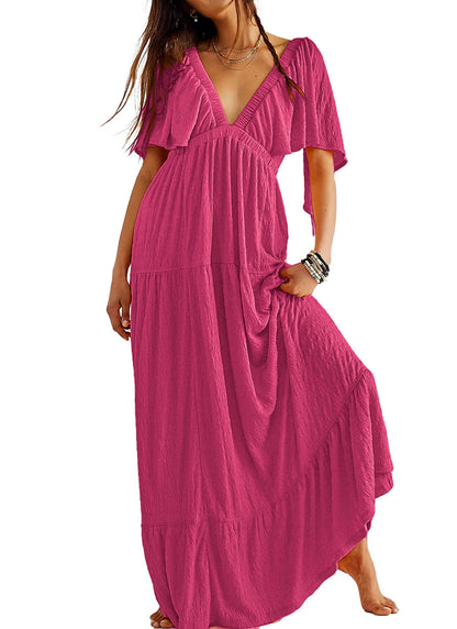 Kikibell Women Summer Dresses Sexy V-Neck Maxi Dress Tiered Silhouette with Flutter Sleeve Backless Elastic Waist Flowy Dress