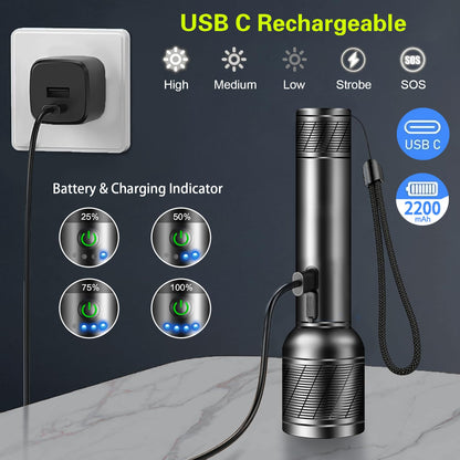 REHKITTZ Torch, LED Rechargeable Torches(Built-in Large Capacity Battery) High Lumen Super Bright Flashlight with Power Display,Long Working Time,Aluminum Alloy,5 Light Modes,Zoomable Torch（2 Pack）