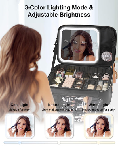 Relavel Travel Makeup Bag With LED Mirror, Cosmetic Train Case with Light up Mirror, Portable Makeup Artist Organizer Bag with Adjustable Dividers, Makeup Brush Holder Storage, Black