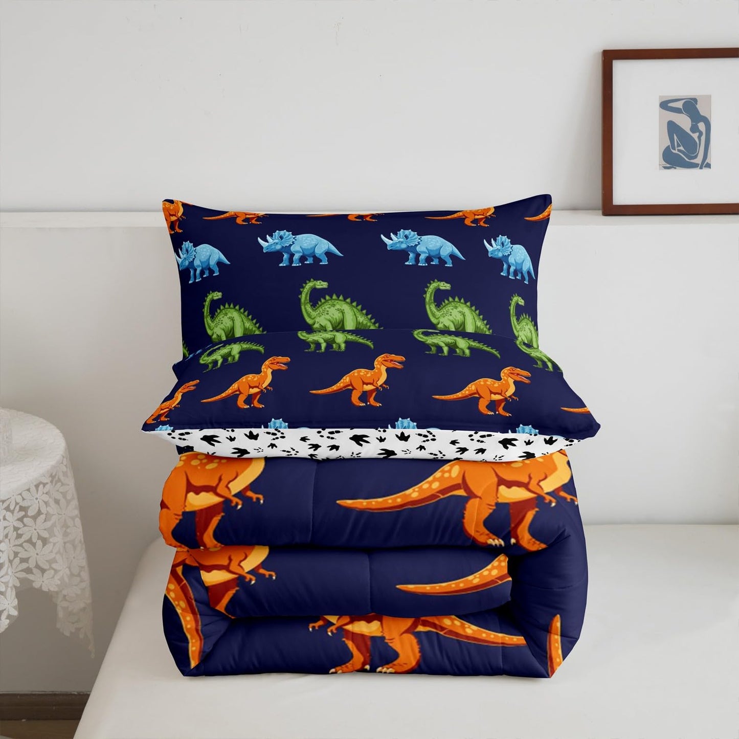 Feelyou Cartoon Dinosaur Bedding Set Twin, Dark Blue Dinosaur Comforter Set for Kids Dinosaurs Print Comforter Boys Girls Jungle Dino Duvet Set Breathable Bedroom Decor with 1 Pillow Case