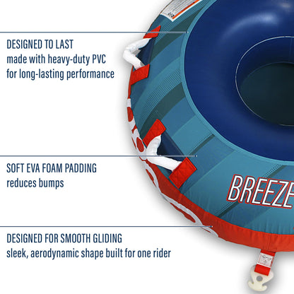 Paradise Water Sports - Breeze Water Towable Tube for Boating - 1 Rider, Teal/Red