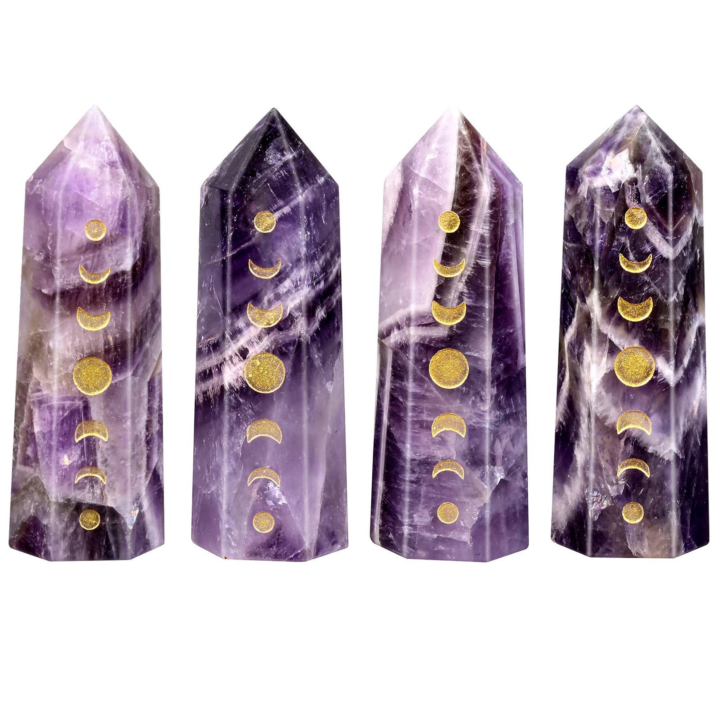 Rockcloud Moon Phase Engraved Crystal Point, Lunar Eclipse Hexagonal Wand Pocket Stone for Reiki Meditation Home Decoration, Amethyst