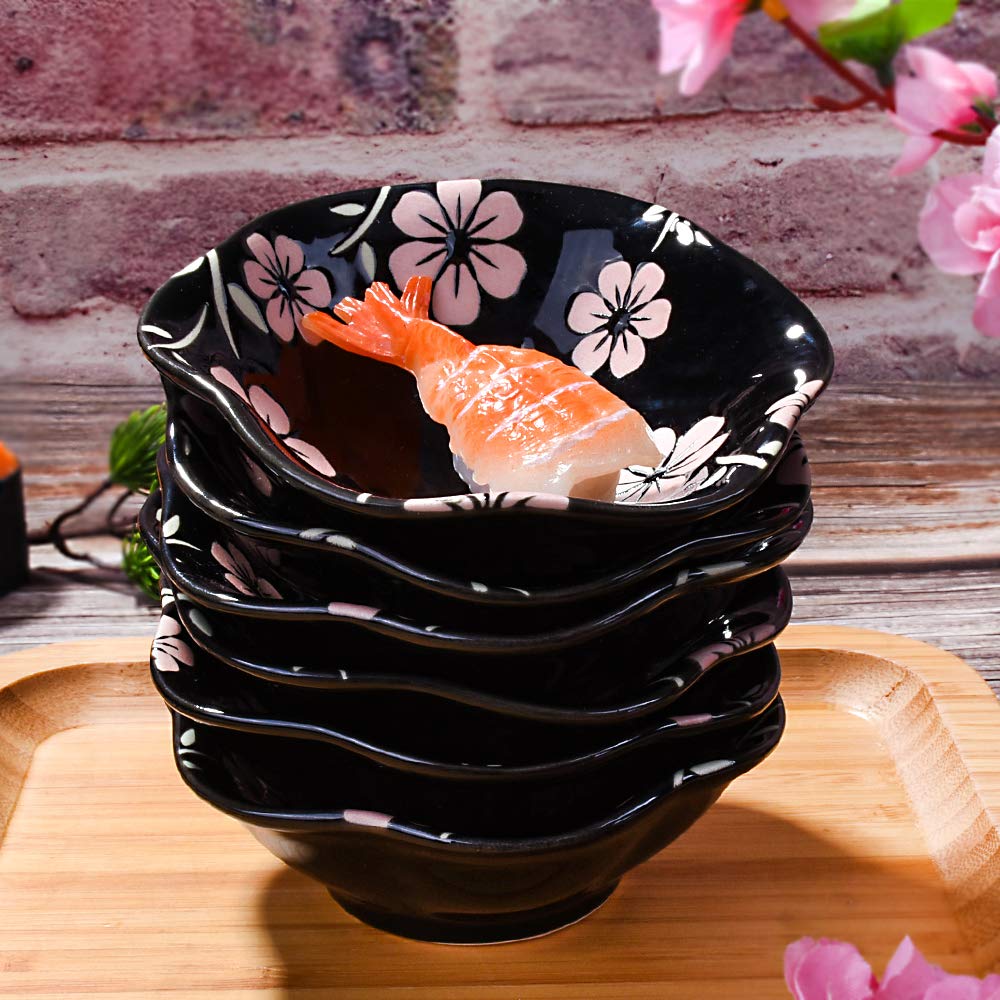 Whitenesser Japanese Black Sakura Soy Sauce Dish for Sushi, Porcelain Dipping Bowls Sauce Cups Set of 6