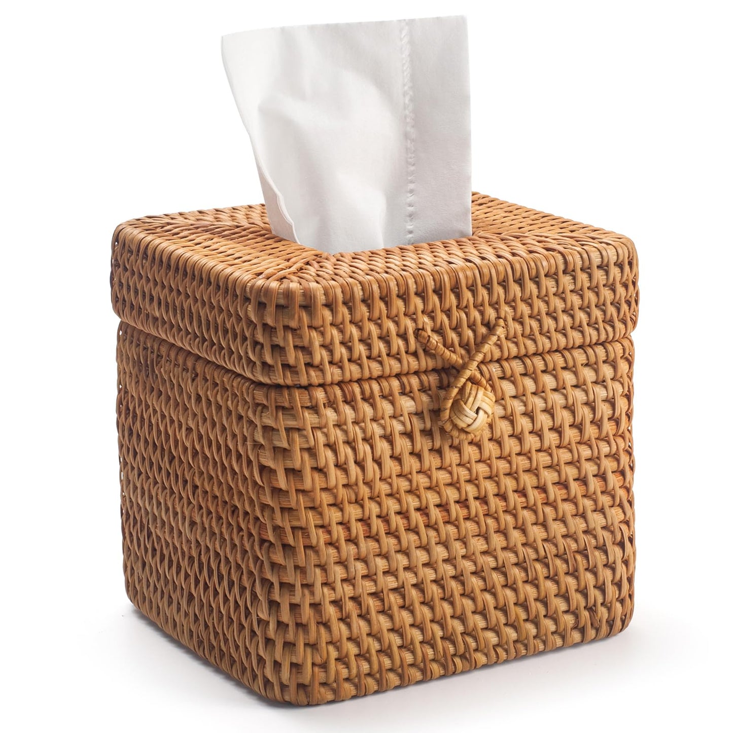 Rattan Tissue Box Cover Square, Wicker Tissue Box Holder with Lid, Natural Woven Facial Tissue Holder for Bathroom, Kitchen, Living Room (Natural)