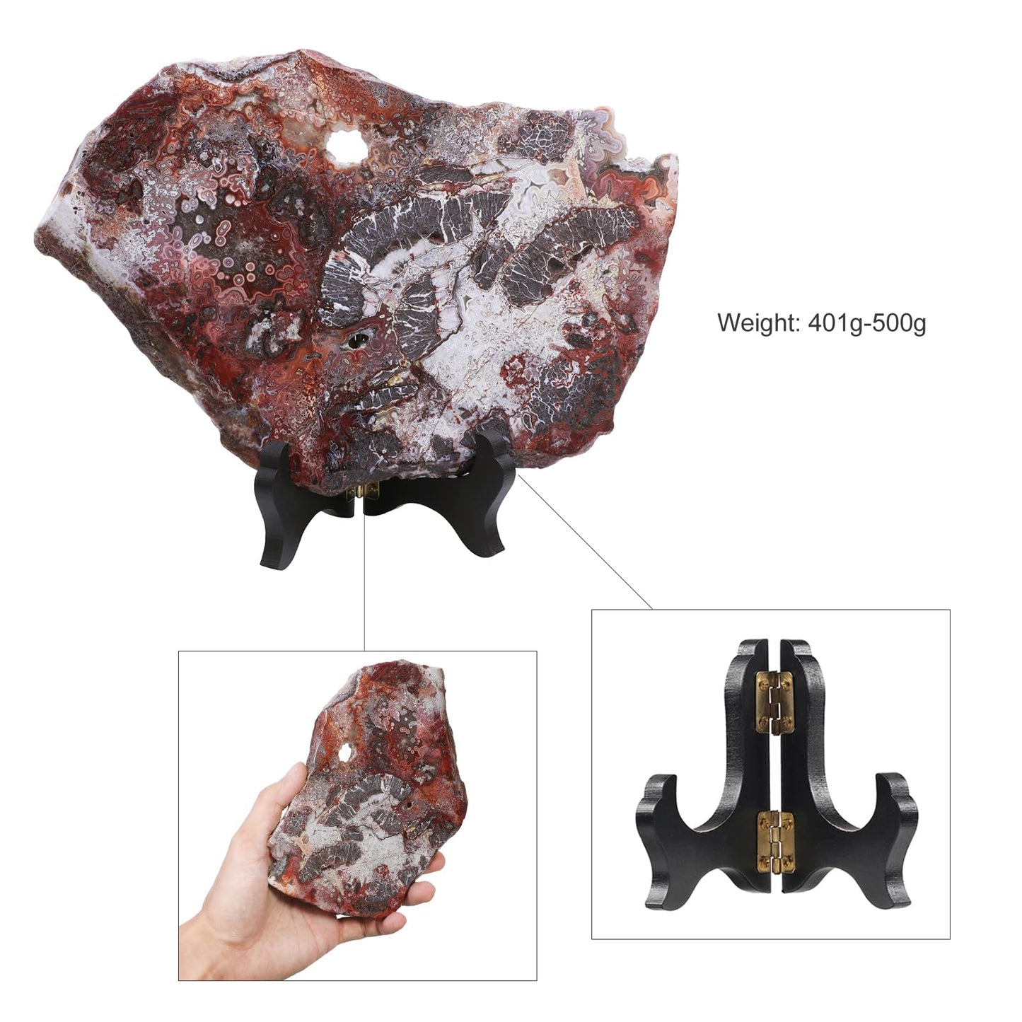 mookaitedecor Natural Mexican Agate Slab Specimen with Wooden Stand, Irregular Agate Slice Stone Figurine Table Display for Home Decoration, 426-525g
