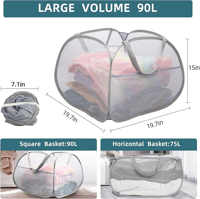 2 Pack Collapsible Laundry Baskets, 90L Large Foldable Laundry Basket, Durable