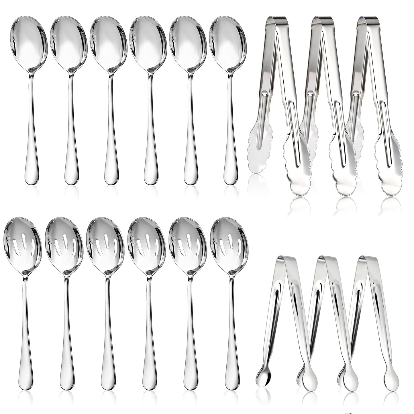 Mwellewm 18Pcs Serving Utensils, Serving Spoons for Buffet, Serving Tongs for Food, Slotted Spoons, Stainless Steel Banquet Cutlery Set for Parties Weeding Birthday Entertaining Catering(Silver)