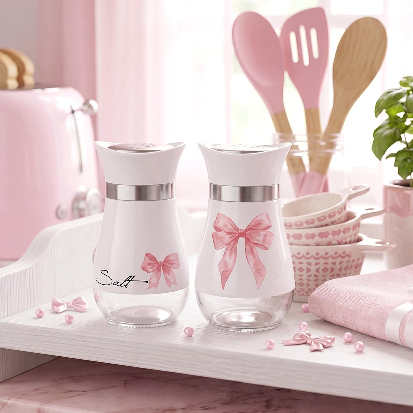 Bokon 2 Pack Pink Bow Salt and Pepper Shakers Set, Coquette Stainless Steel Containers with Glass Bottom for Kitchen Accessories, Home Decorations, Cooking, BBQ, Camp, Beach, Bar, Idea