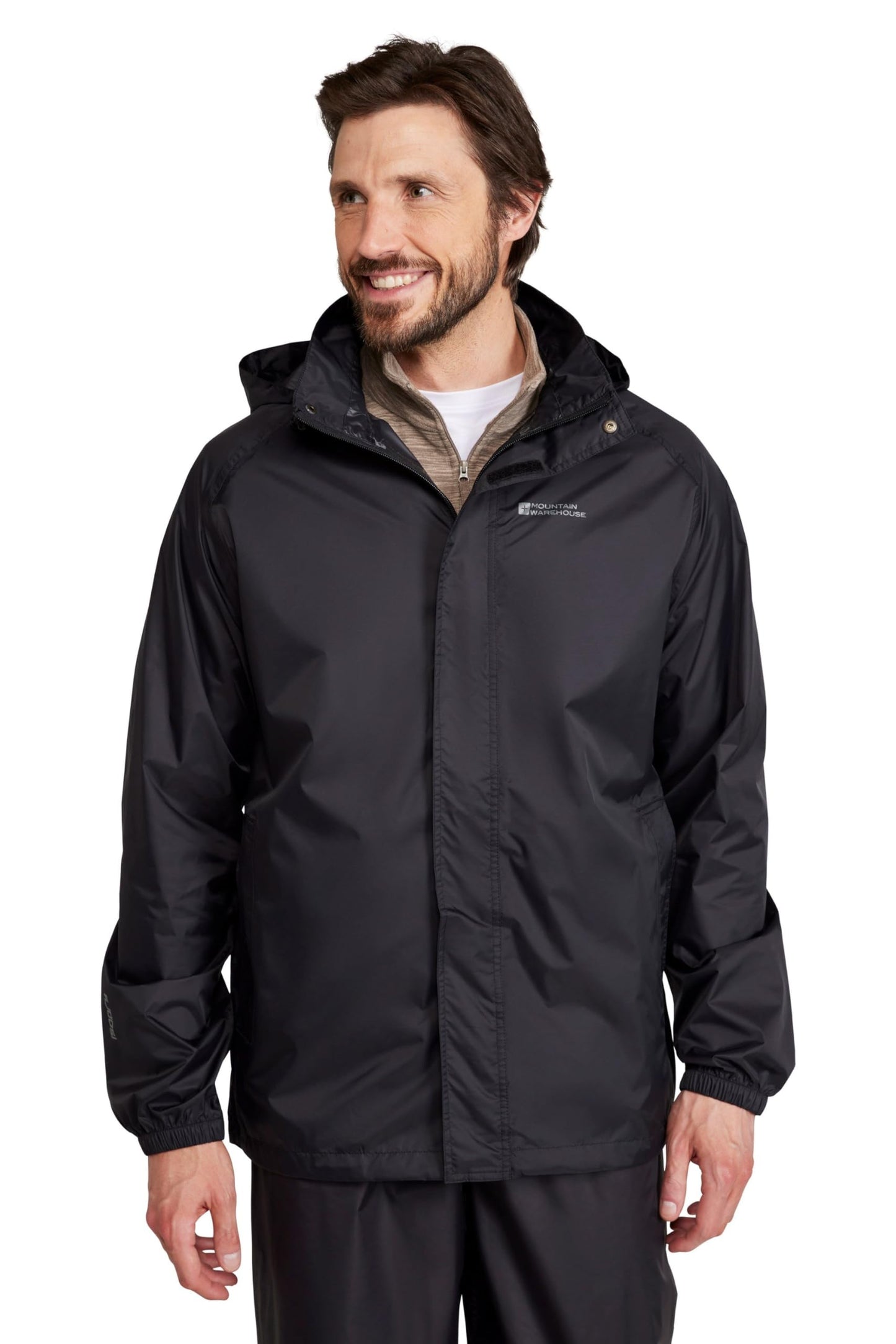 Mountain Warehouse Pakka Mens Waterproof Packable Jacket - IsoDry, Lightweight & Breathable Raincoat with Taped Seams & Packaway Bag - For Spring Summer & Travel Black L