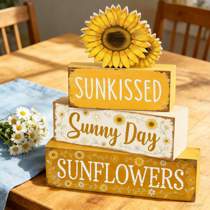 4 Pcs Sunflower Decor, Summer Rustic Farmhouse Tiered Tray Signs, Yellow Wooden Block Decorations with Sunkissed Sunny Day for Home Kitchen Office Coffee Bar Fireplace Mantel Floating Shelf