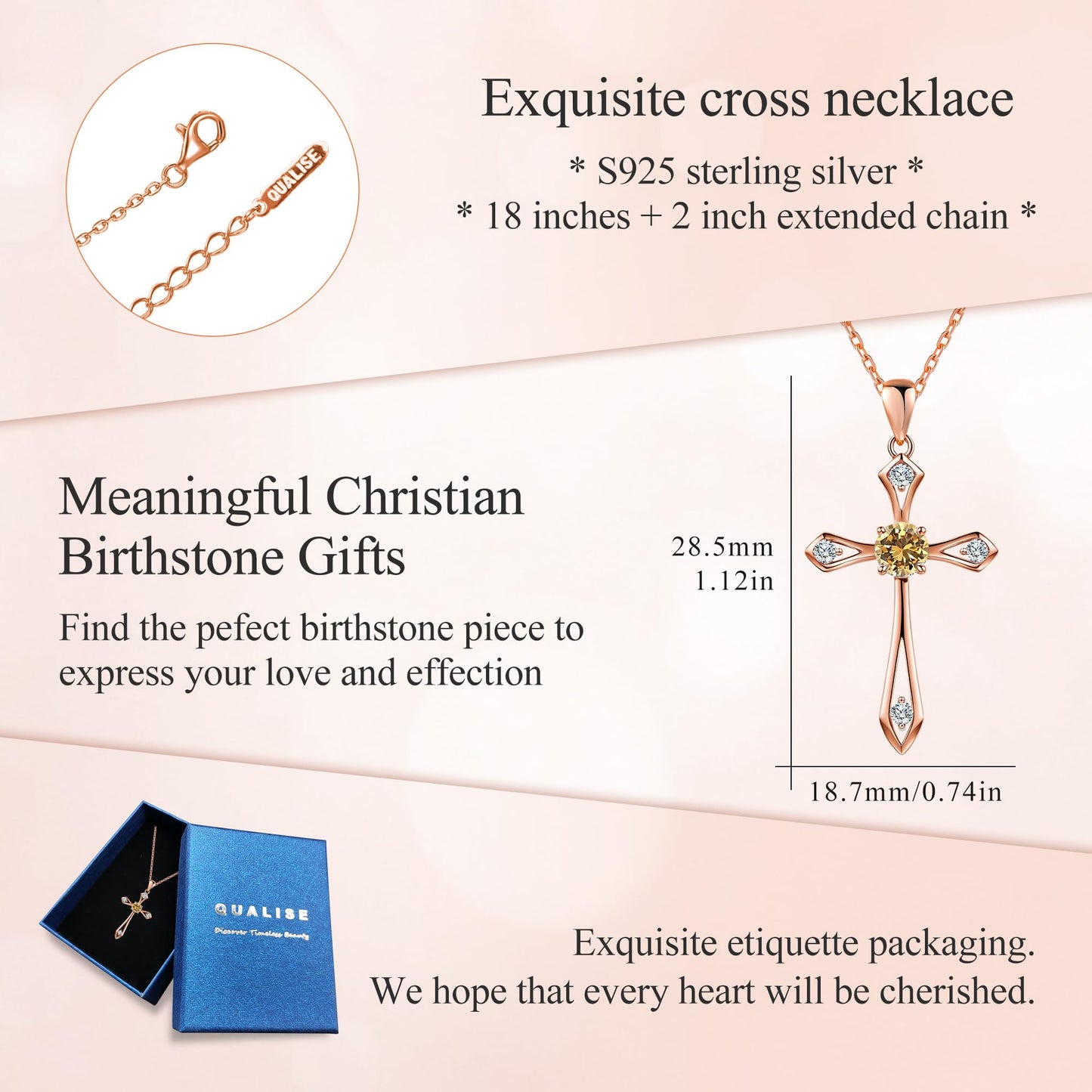QUALISE Cross Necklace for Women,925 Sterling Silver Birthstone Necklace,Citrine-November Birthstone Cross Necklace,Faith Religious Fine Jewelry Valentines Day Gifts Birthday Holiday Gifts for Her,