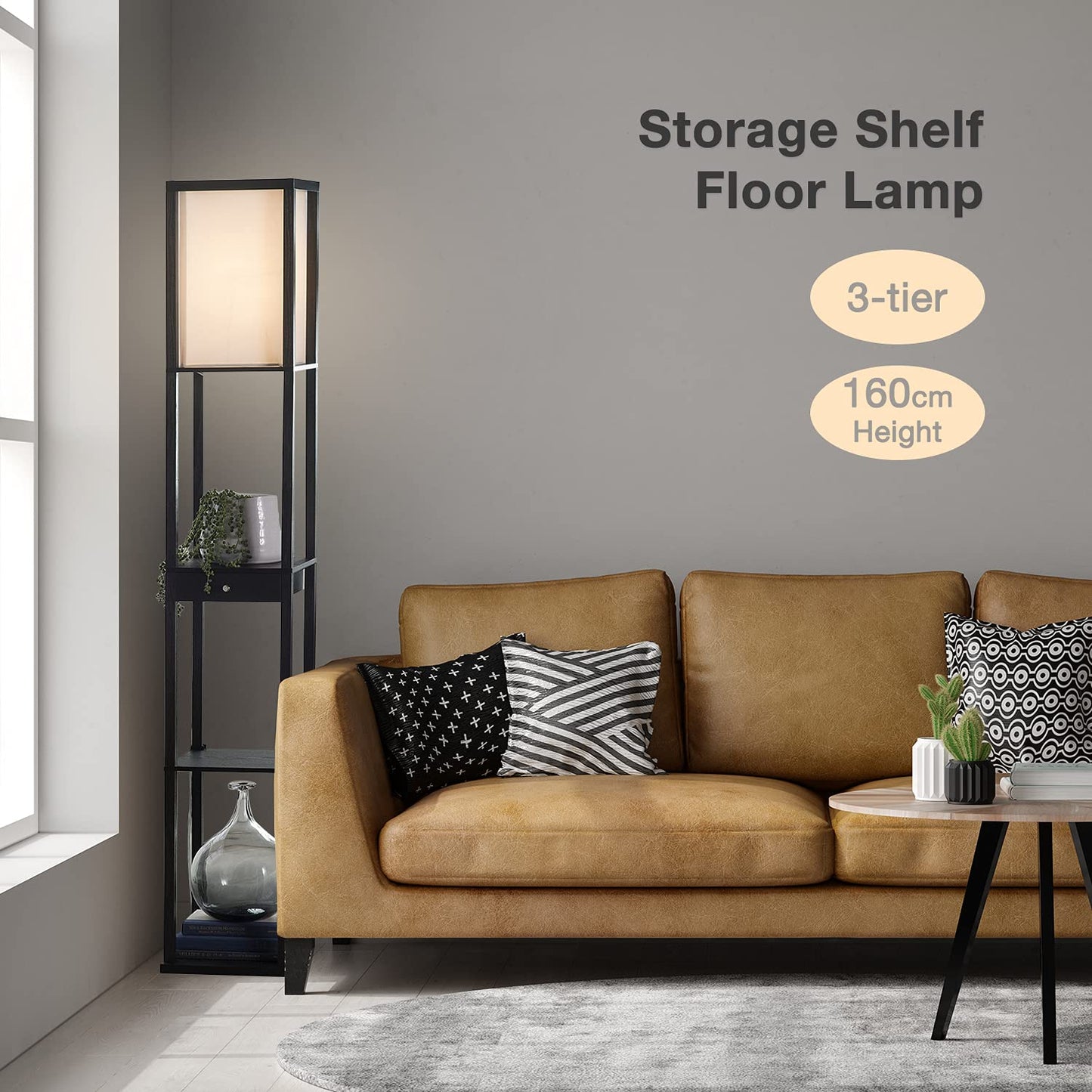 PULUOMIS Floor Lamp with Shelves, 3 Layers Wooden Shelf Standing Light, Modern Reading Lamp for Bedroom, Living Room, Office, Home Decoration (Size:26x 26x 160 cm) (Without Bulb)-Black