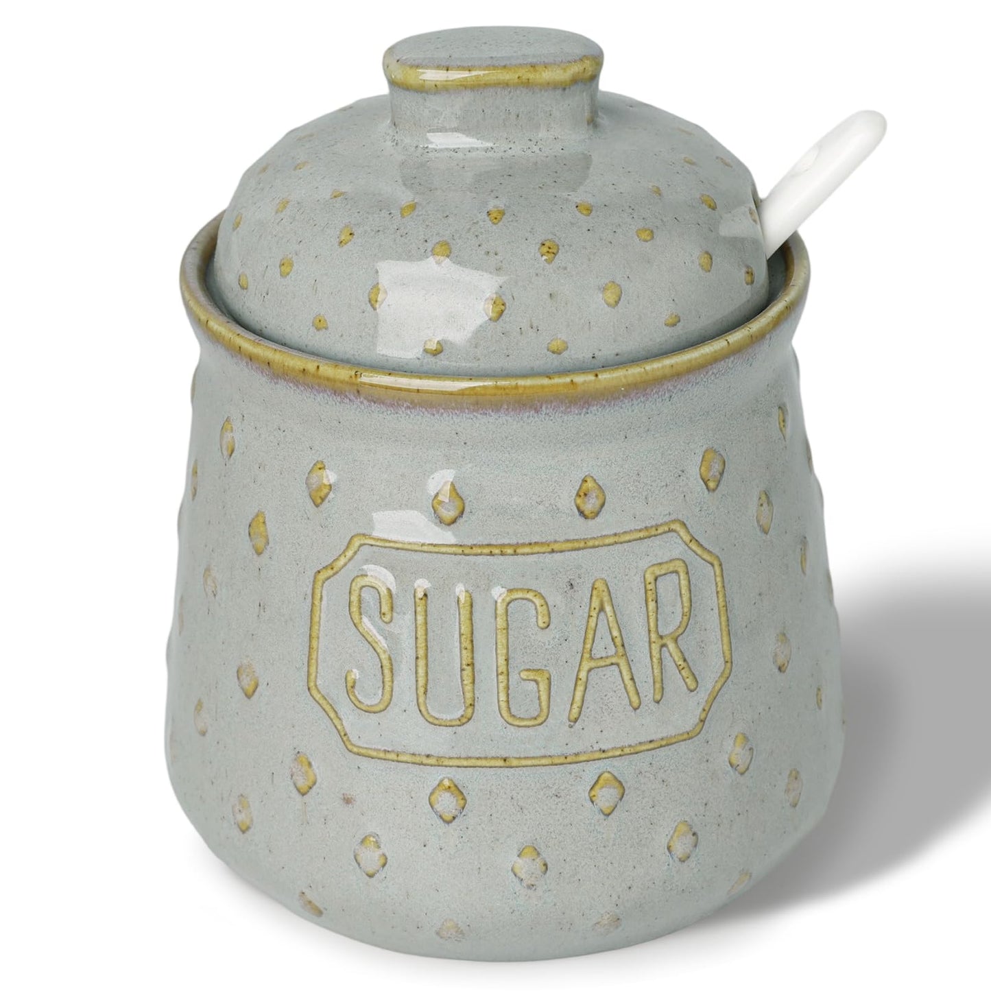 QUXIJA Ceramic Sugar Bowl with Lid and Spoon 10oz, Sugar Container (Vintage Grey)