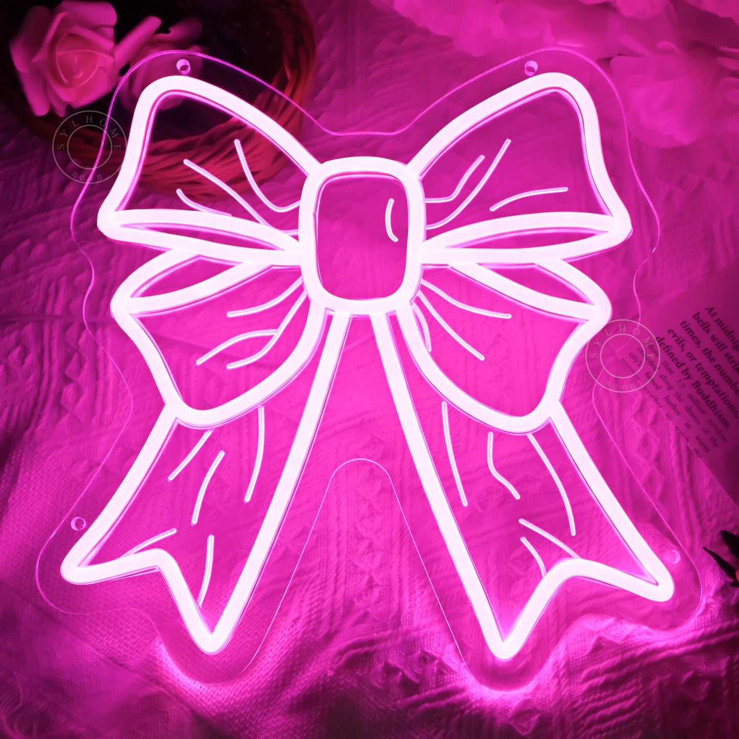 SYLHOME Pink Bow Led Neon Light Sign Cute Girls Kids Bedroom Nursery Game Room Wall Sign Decor Beauty Salon Wedding Birthday Party Backdrop 11.8" X 11.8" USB