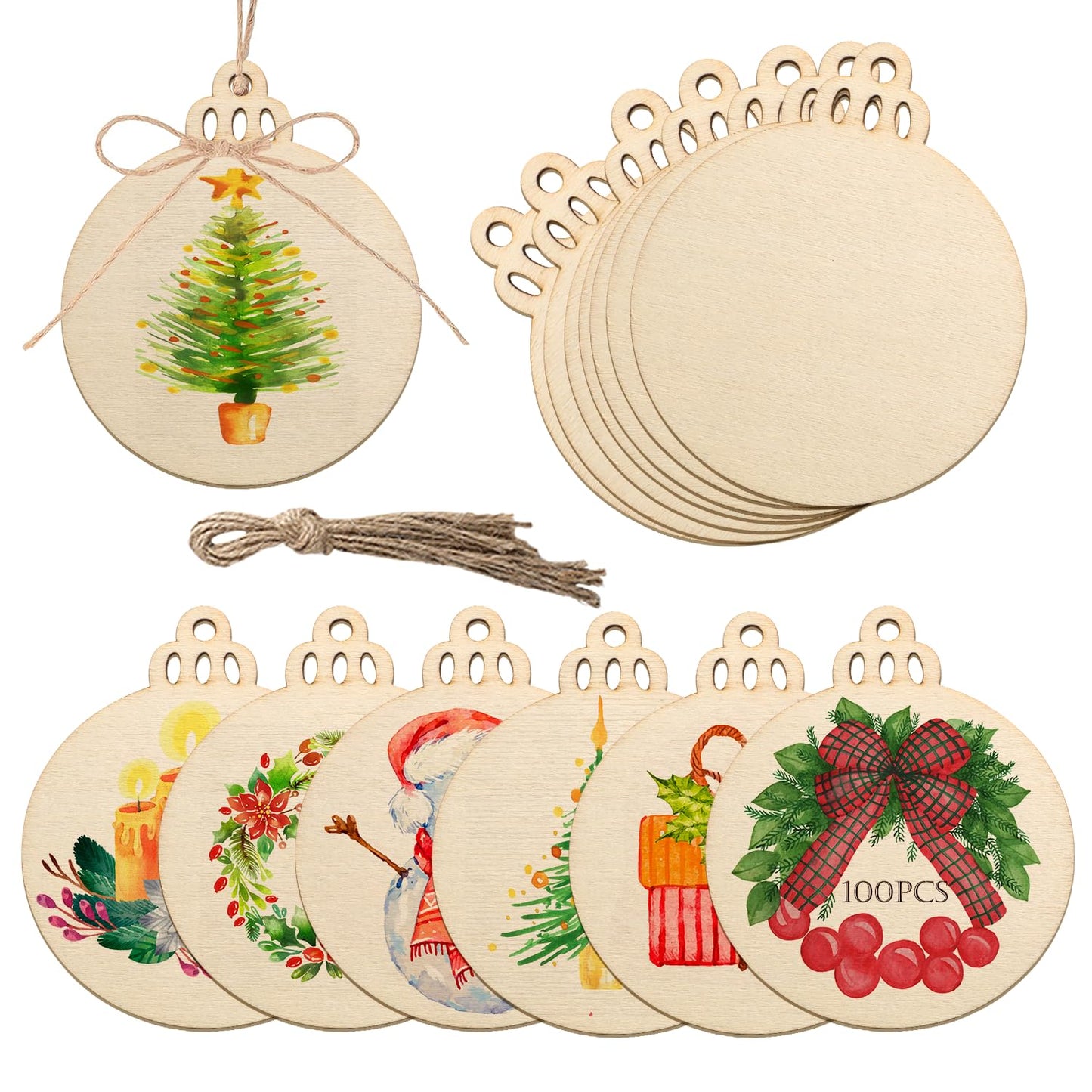 Artmag 100pcs Christmas Unfinished Wood Wooden DIY Hanging Ornaments Blank Round Wood Discs for Crafts Centerpieces Holiday Christmas Hanging Decor Decorations