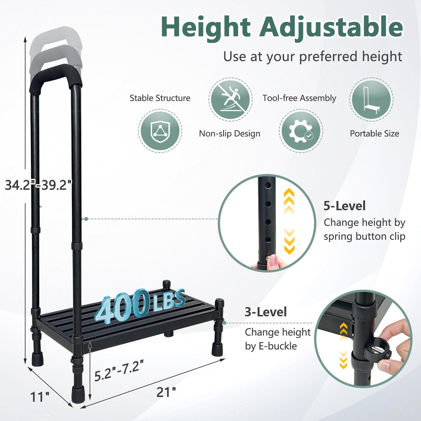 Car Step Stool with Handle for Elderly, Medical Handicap Step Stools with Handrail, Seniors Bed Steps for High Beds, Heavy Duty Metal Stepping Stool with Safety Step Platform, Vehicle Step Up Assist