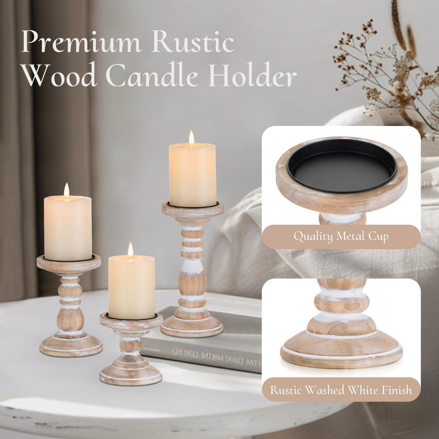 Inweder Wood Pillar Candle Holder: 3Pcs Rustic White Candle Holders for Pillar Candles Wood Candle Holders Distressed Wooden Farmhouse Candle Holder Large Rustic Candle Holder for Fireplace Table