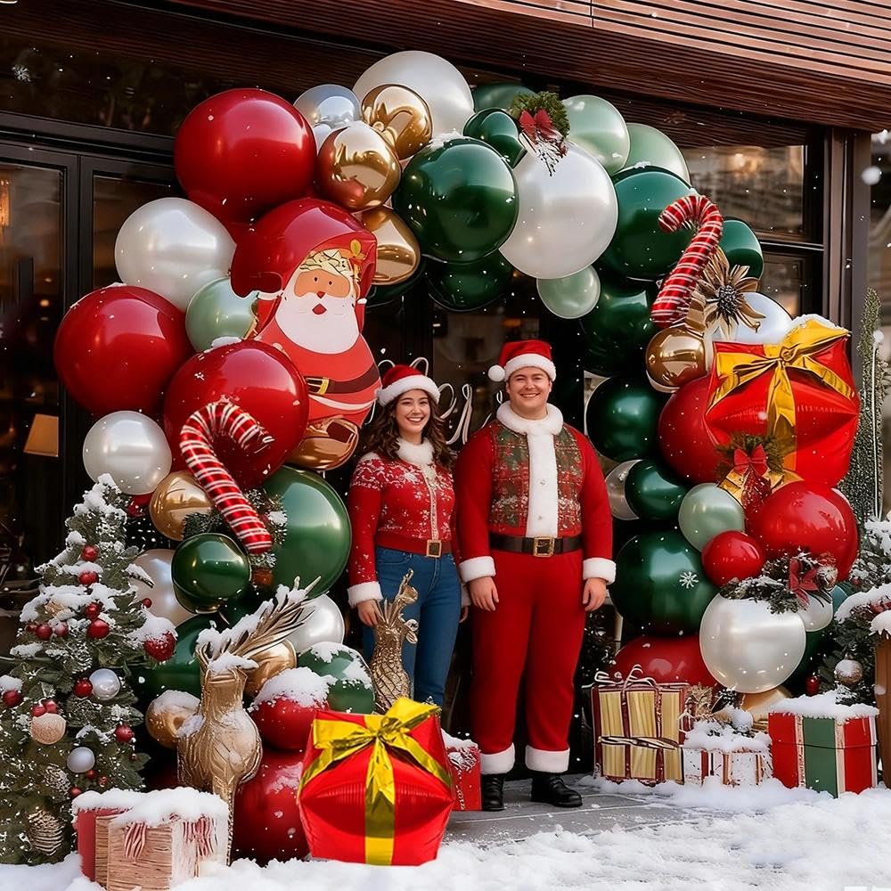Christmas Balloon Arch Kit, Double Stuffed Dark Green Red Pearl White Gold Balloons Emerald Green Burgundy Balloon Garland for Christmas New Year Xmas Birthday Wedding Festival Party Decorations