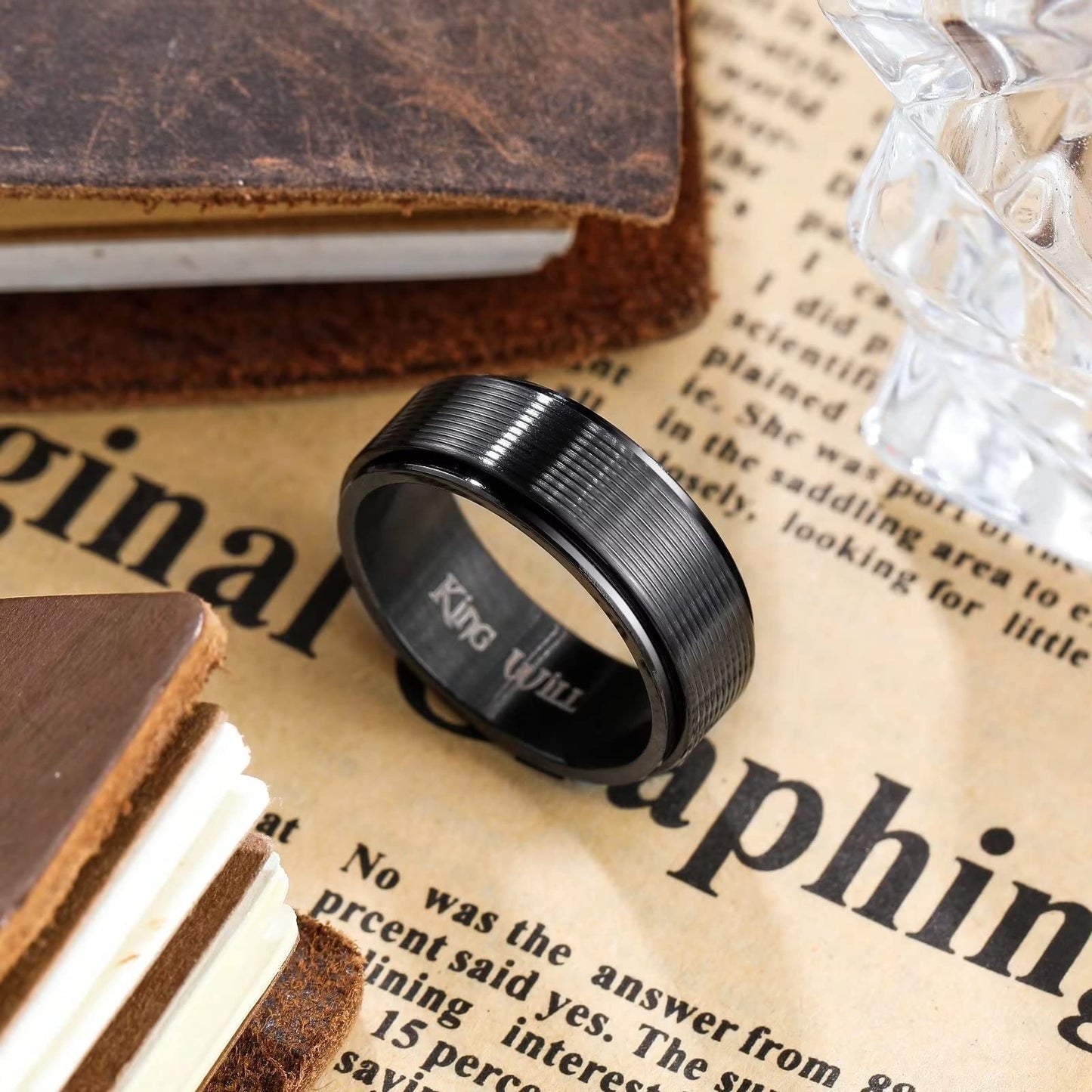 King Will Black Line Groove Mens Women 8mm Spinner Rings Stainless Steel Anxiety Fidget Ring for Women Men Polish Groove Wedding Band Fidget Ring Matte Brushed Comfort Fit 12