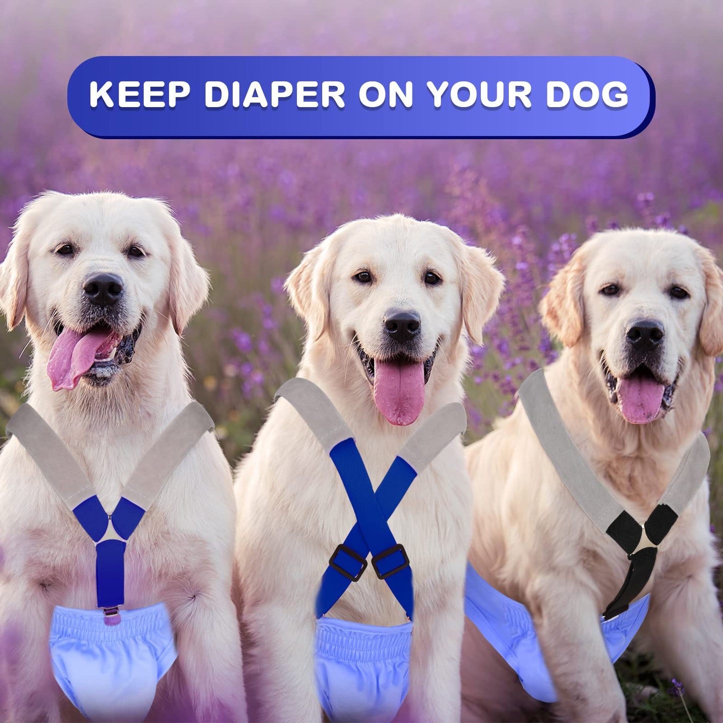 Saintrygo 2 Pcs Dog Suspenders for Diapers Female Male Belly Bands Canine Harness Keep Diaper on Your Pet for Small Medium and Large Dogs(Black, Blue,Large)
