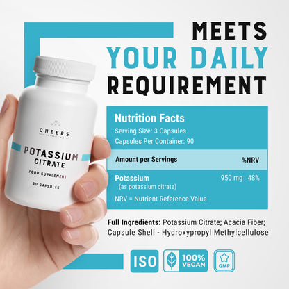 Cheers Potassium Citrate, 48% Daily Value, 316 mg per Capsule, 90 Capsules, Supports Cardiovascular and Blood Pressure Health, Vegan Potassium Supplement for Adults, Natural Mineral Electrolyte