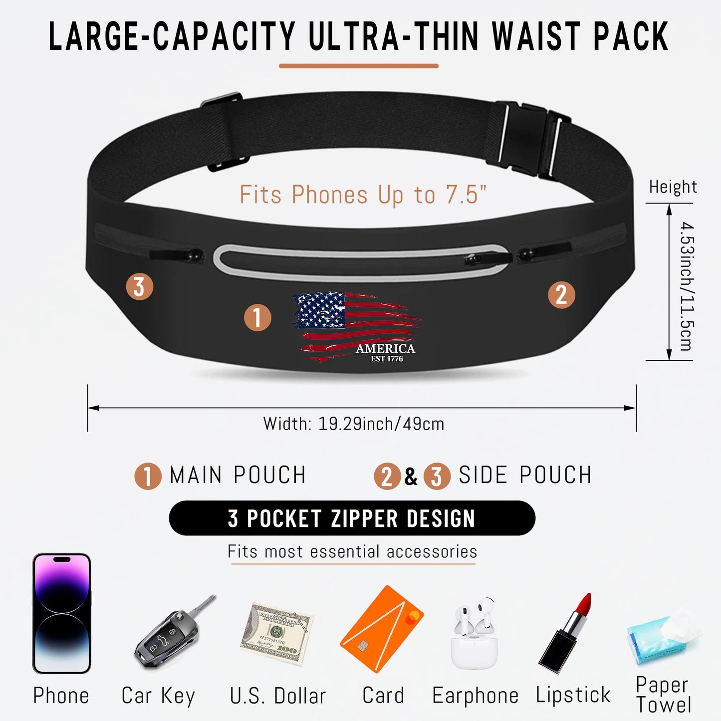 American Flag Slim Running Belt Waist Pack Bag,Black Jogging Fanny Packs for women Moisture Wicking Sports Belt Bag Adjustable,Lightweight Reflective Workout Pouch Phone Holder for Men USA Flag 1776