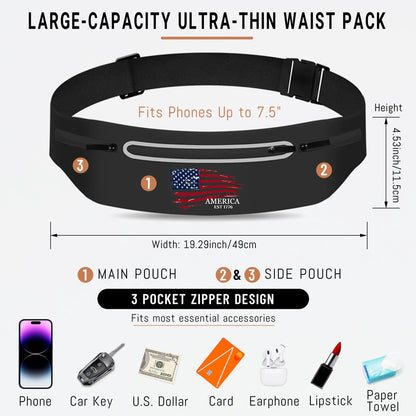 American Flag Slim Running Belt Waist Pack Bag,Black Jogging Fanny Packs for women Moisture Wicking Sports Belt Bag Adjustable,Lightweight Reflective Workout Pouch Phone Holder for Men USA Flag 1776