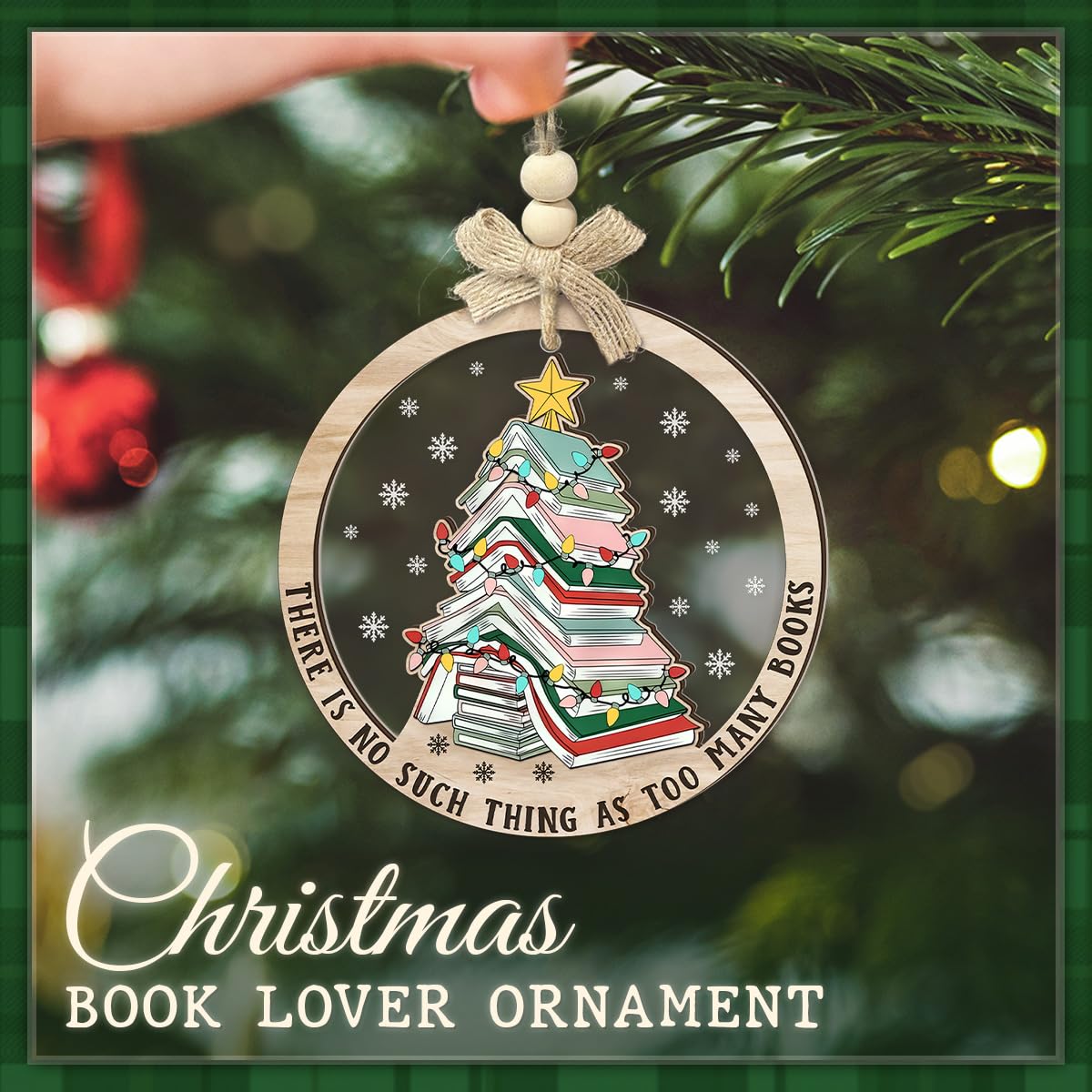 CHOANG Stacked Books Christmas Ornament - Holiday Bookish Gift for Readers, Teachers, Librarians, Bookworms, Bookclub - Wooden Acrylic Book Lover Hanging Decor Tree, Bookshelf, Car Accessory