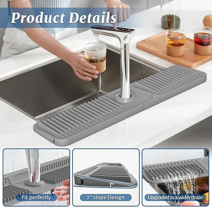 PoYang 24 inch Faucet Mat for Kitchen Sink Splash Guard, 7° Slope Silicone Sink