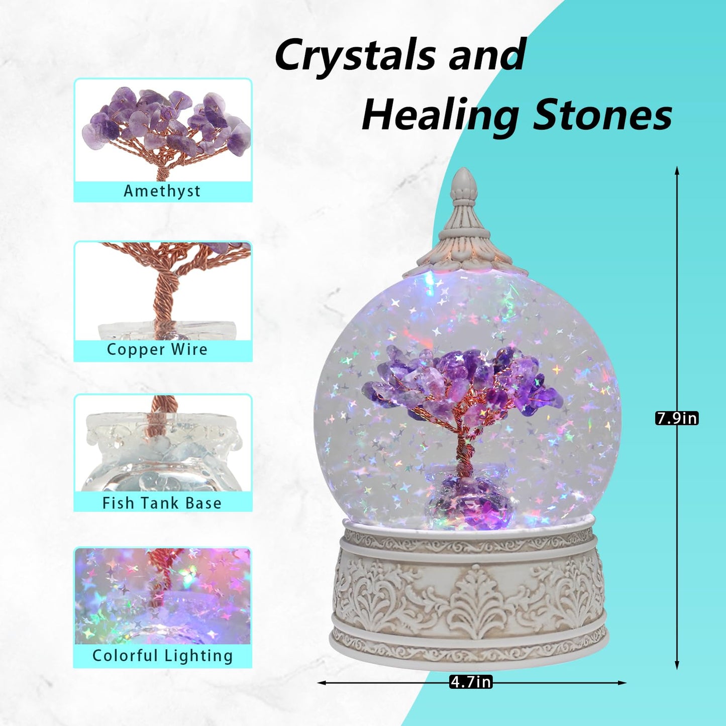 Amethyst Healing Crystal Tree Globe with Colorful Lights and Sparkling Glitter, Natural Gemstone Base, Spiritual Meditation, Positive Energy Good Luck, Home Decor, Birthday Gifts (Amethyst)