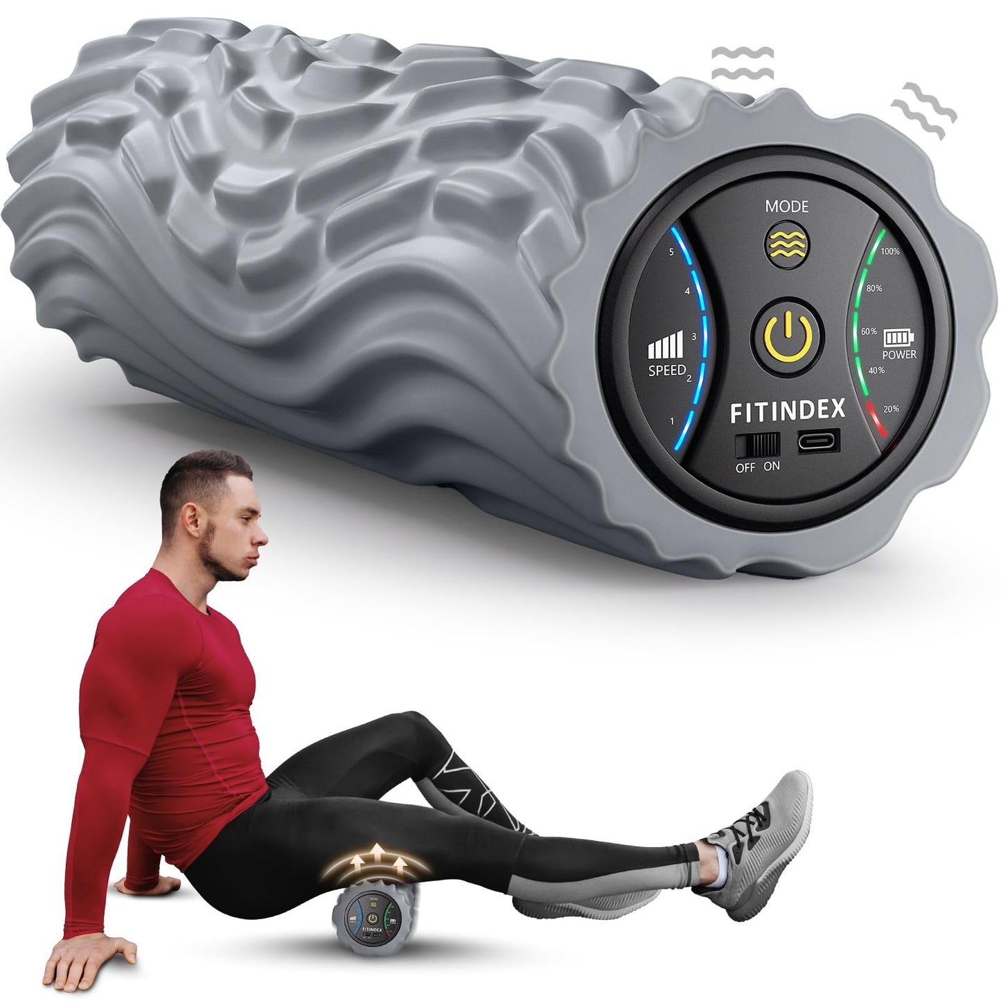 FITINDEX Vibrating Foam Roller for Back Pain, 5-Speed Muscle Massage, FSA HSA Eligible, Exercise, Muscles Deep Tissue, Physical Therapy, Pilates, Yoga, Neck, Leg, Rechargeable, Travel Portable Gray