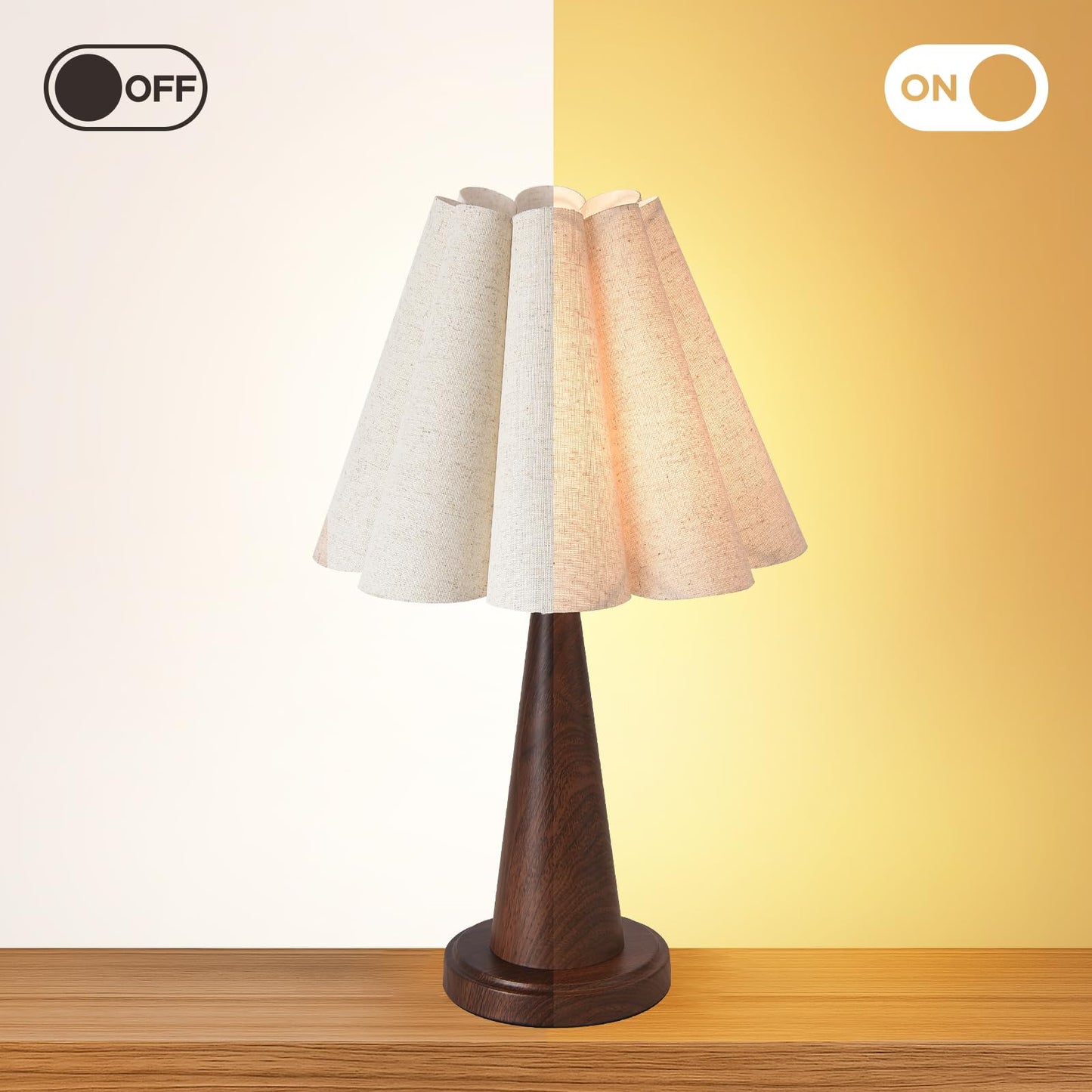 Fengarolam Modern Table Lamp with Petal Linen Lampshade, Dark Faux Wood Metal Base – 20.5” Bedside Nightstand Lamp for Bedroom, Living Room, Office, E26 Base, Max 60W (Bulb Not Included)