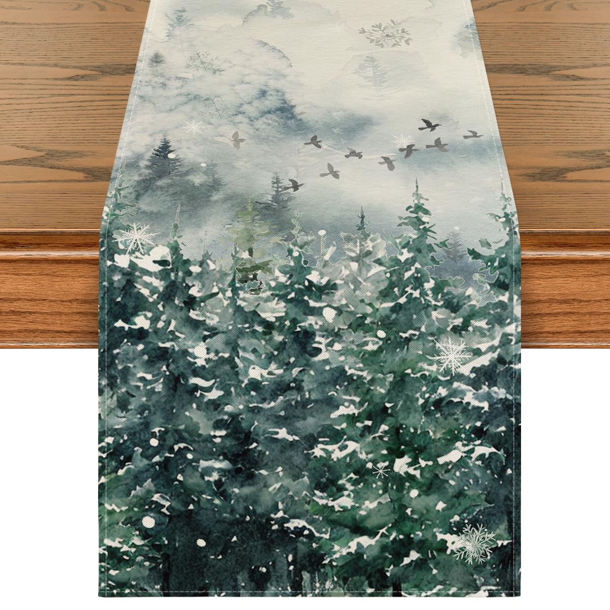 Artoid Mode Green Tree Snow Christmas Table Runner, Seasonal Winter Kitchen Dining Holiday Table Decoration for Home Party Decor 13x90 Inch