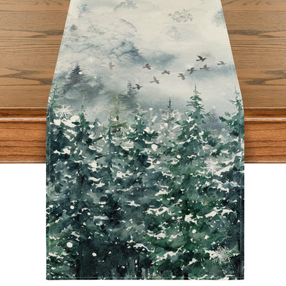 Artoid Mode Green Tree Snow Christmas Table Runner, Seasonal Winter Kitchen Dining Holiday Table Decoration for Home Party Decor 13x90 Inch