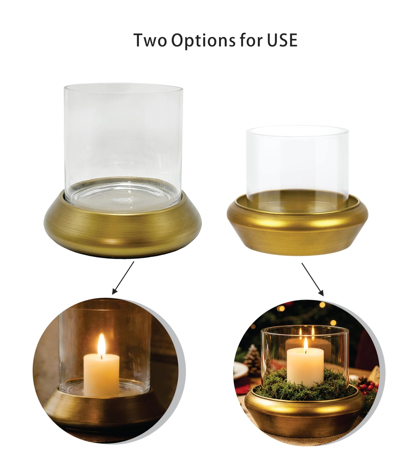 9" Farmhouse Glass Hurricane Candle Holder & Glass Vase with Metal Base in Antique Brass for Pillar & Flower Arrangement, Candlestick Holder, Terrarium, Centerpiece, Console, Dining Table, Mantel