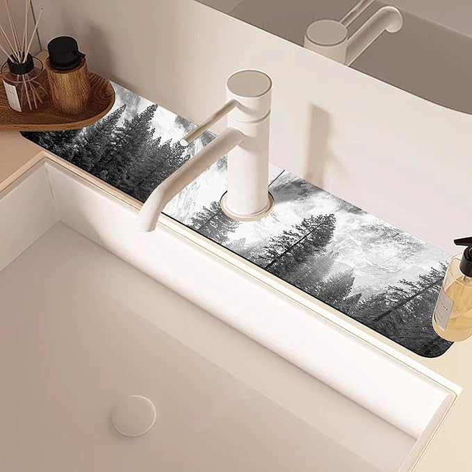 Winter Forest Mountain Sink Faucet Absorbing Mat Sink Splash Guard Faucet Mat
