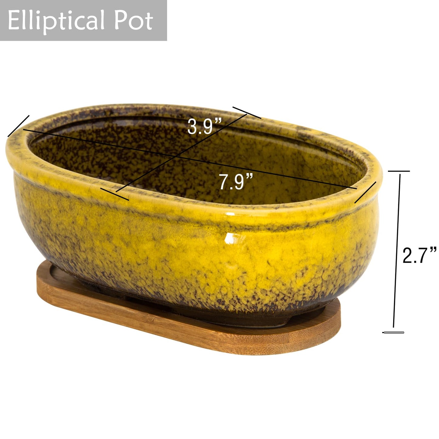 Succulent Pots, 1 Rectangle Planter + 1 Ceramic Bonsai Pot with Drain Tray, 2 Pack Large Shallow Succulent Planters for Indoor Plants, Round Cactus Flower Plant Pot for Desk Windowsill Decor