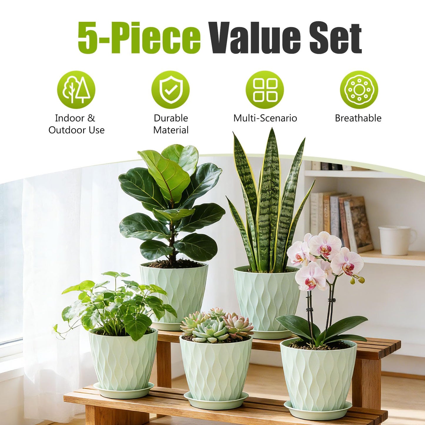 SQKH 8 Inch Plastic Plant Pots,Set of 5 Flower Pots,Planters with Drainage Holes & Saucers, Indoor Outdoor Garden Pots for Home Decor(Green)
