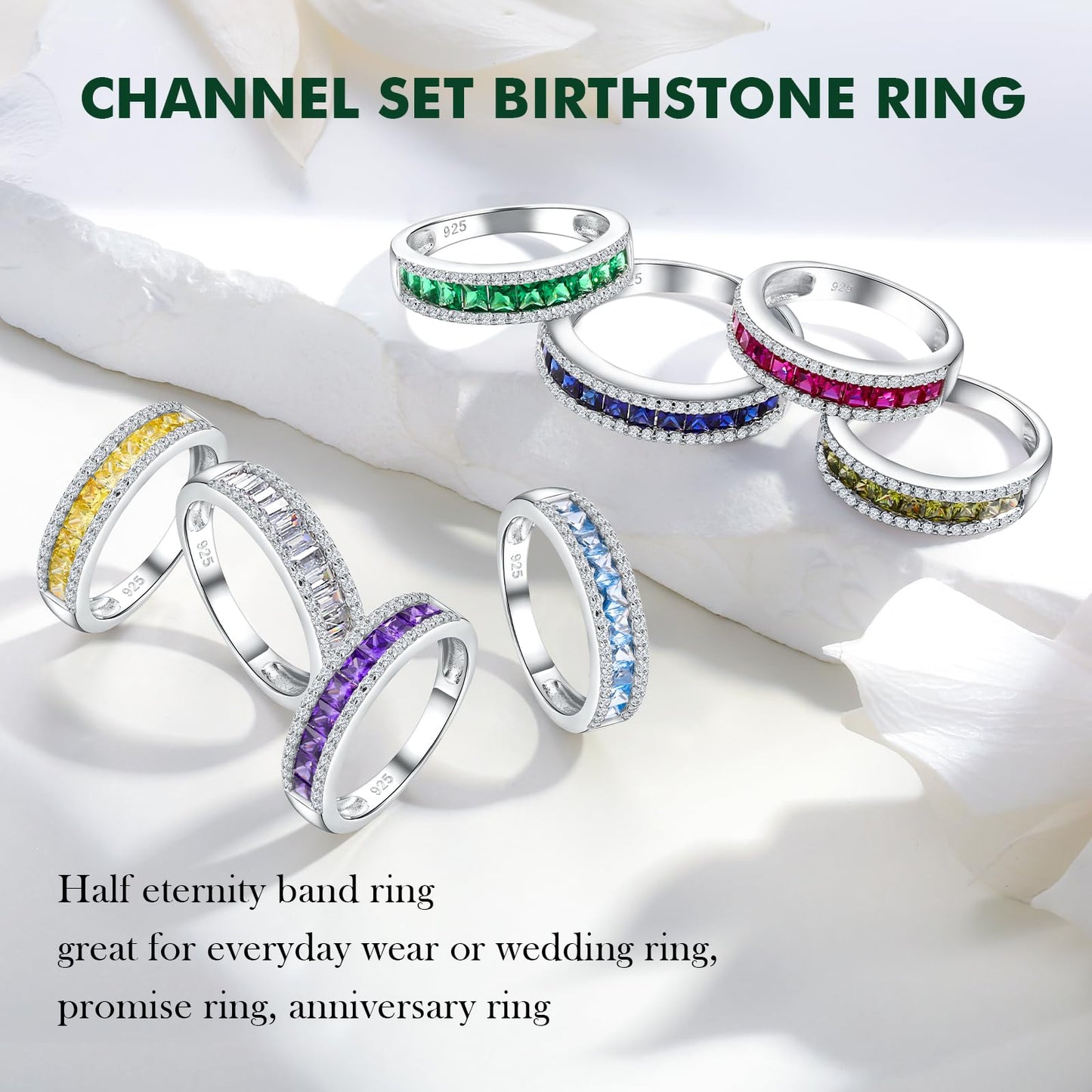 RANDES 925 Sterling Silver Blue Topaz Rings for Women December Birthstone Ring Channel Set Princess Cut Eternity Band Size 10