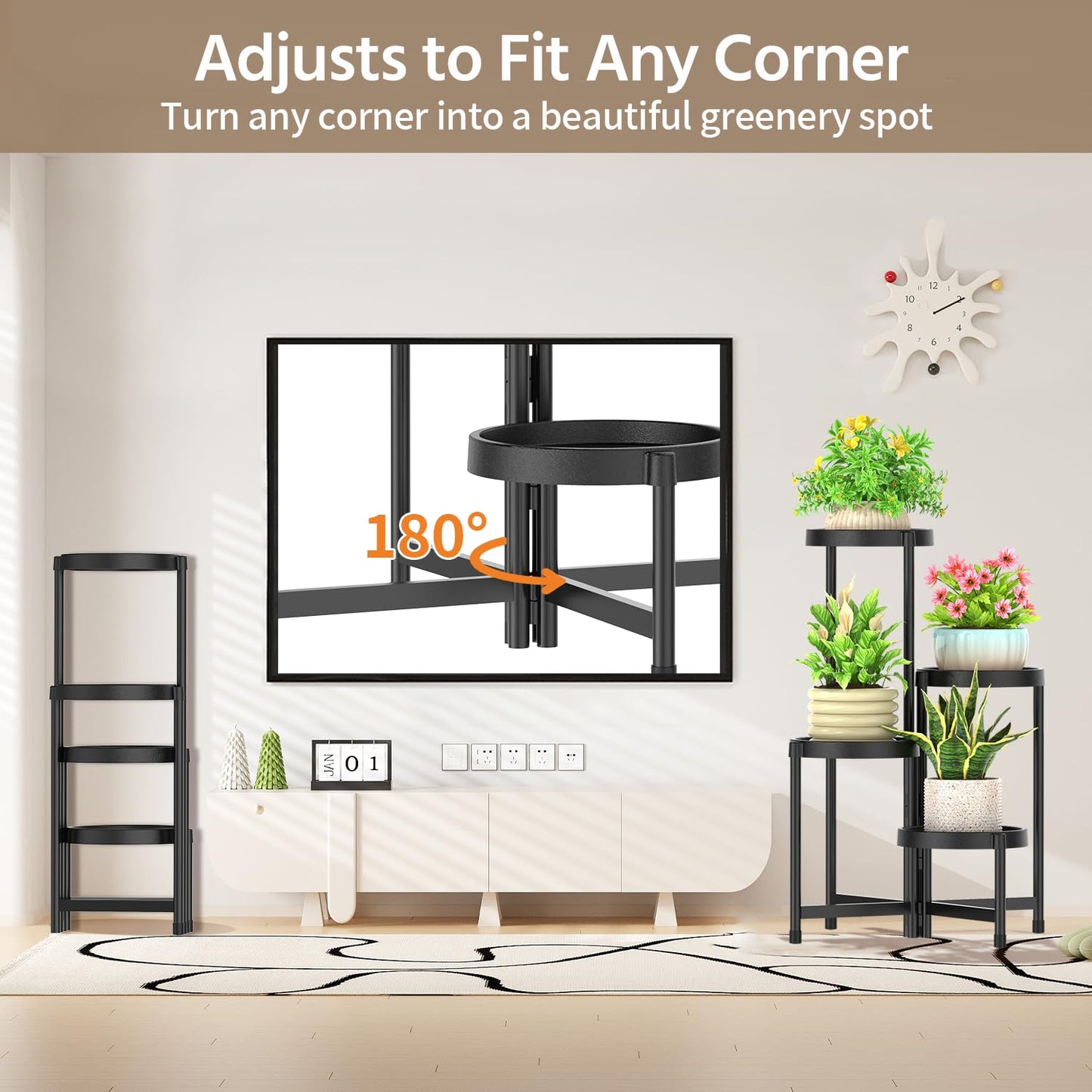 LASZOLA 4 Tiered Plant Stand Indoor Outdoor with Plastic Tray, Corner Folding Tall Flower Display Rack, Modern Plant Holder Shelf for Outdoor Patio Porch Garden Office Living Room, Black