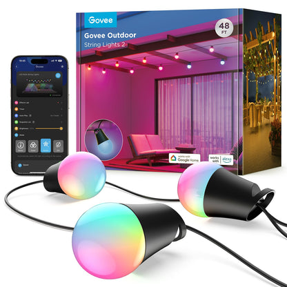 Govee Smart Outdoor String Lights 2, 144ft Outdoor Lights with Dimmable Warm White LED Bulbs, 47 Scene Modes for Patio, Backyard, Balcony, IP65 Waterproof, Works with Alexa, App Control