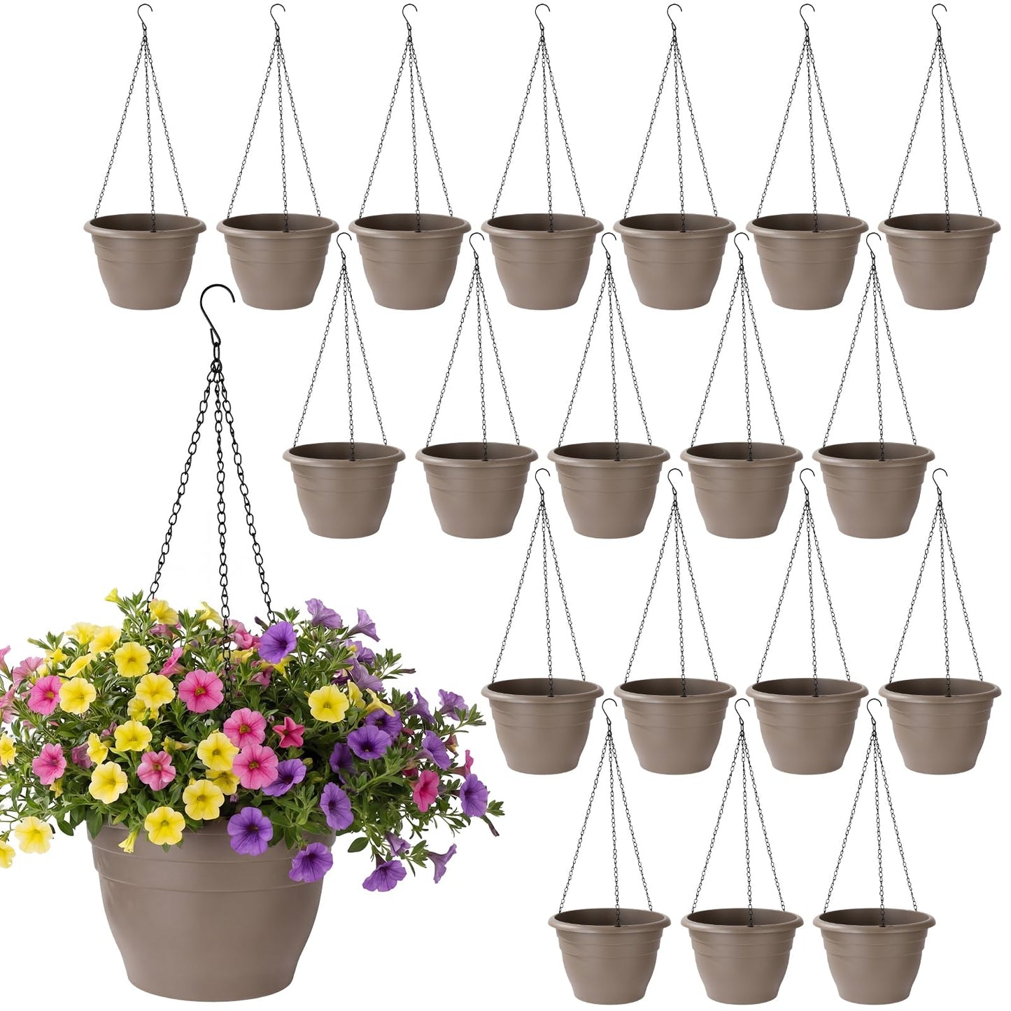 Romooa 20 Pack 10 Inch Plastic Hanging Planter Bulk Brown Hanging Baskets for Plants with Drainage Trays Self Watering Plant Pot Outdoor Indoor Planter for Garden, Balcony, Porch, Patio Decor