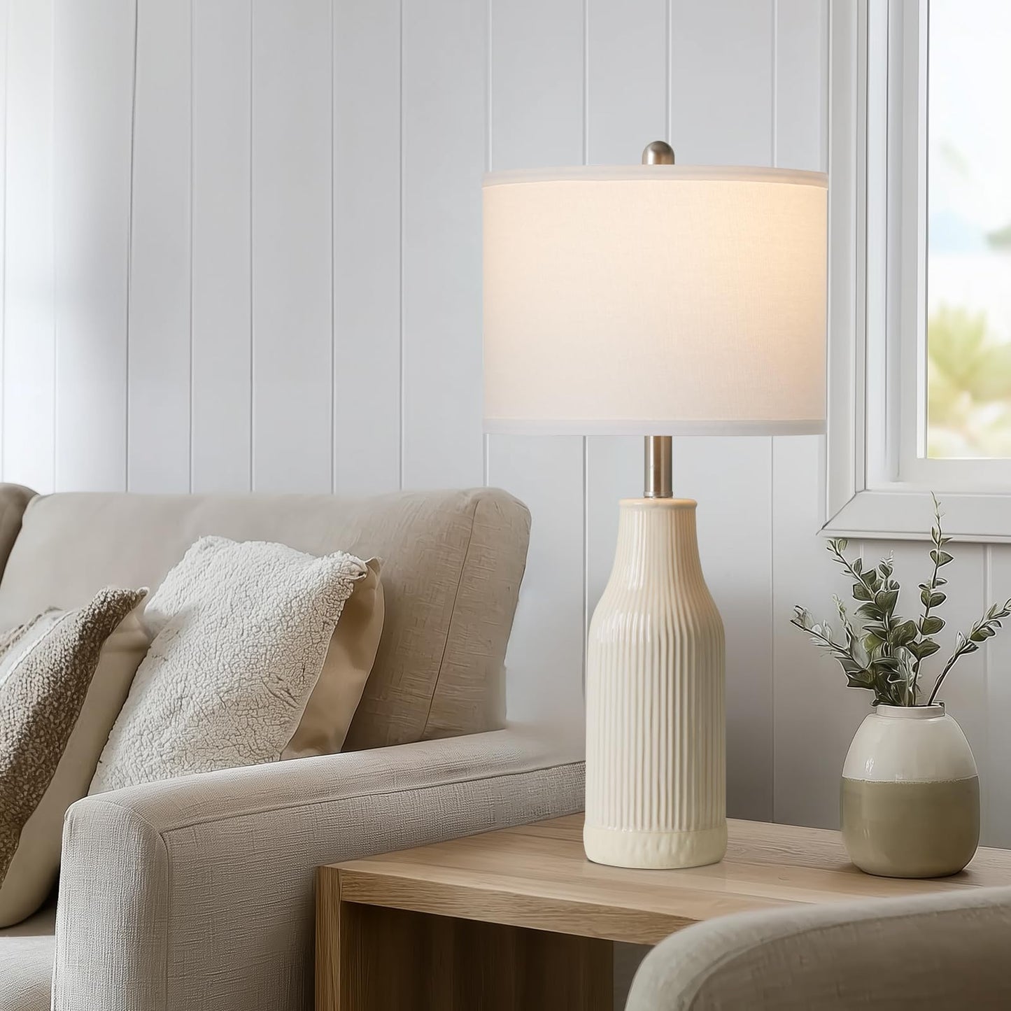 luxeflow 24.5" Ceramic Table Lamps Set of 2, Modern Farmhouse Bedside Lamps for Bedroom Nightstand, Small Table Lamp for Living Room End Table, Beige (2 LED Bulbs Included)