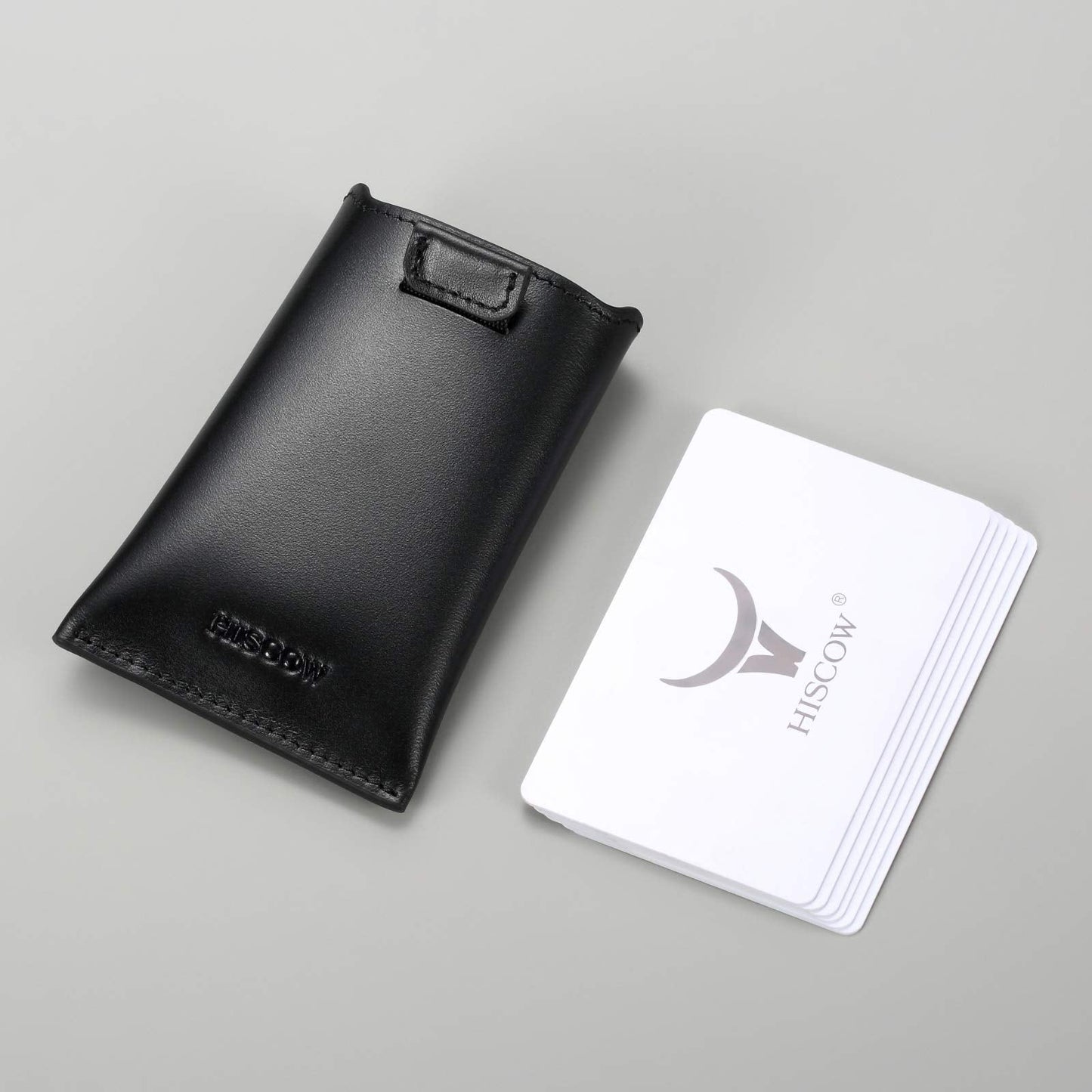 HISCOW Business Card Holder with Flap for Dispensing Cards - Italian Calfskin (Black)