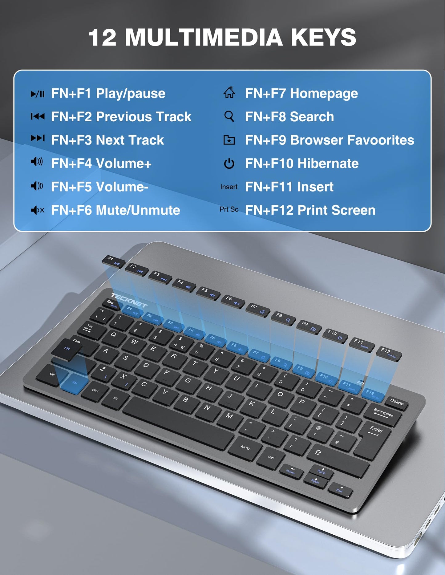 TECKNET Mini Wireless Keyboard and Mouse Set, 2.4G Cordless USB Keyboard and Silent Mouse Comb with Nano USB Receiver, 12 Multimedia Shortcuts for Computer, PC, Laptop, Desktop (Grey)