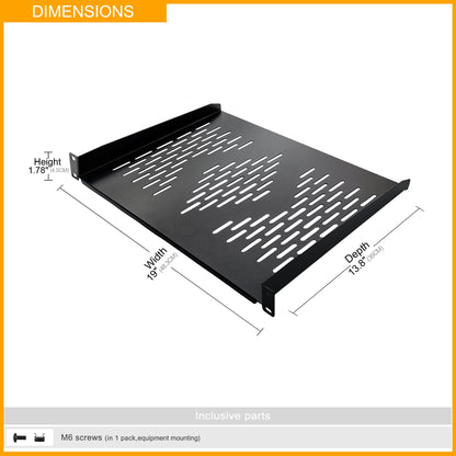 RIVECO 2 Pieces 1U Rack Shelves 19” Tray Cabinet Mount Vented Cantilevers for Network Equipment Shelf Mounting, 14 Inches 35CM Depth, Black 2PCS