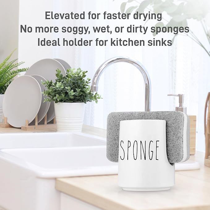 Ceramic Sponge Holder for Kitchen Sink – White Sink Caddy Organizer – Farmhouse